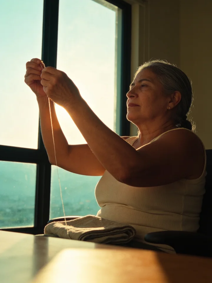 Una mujer mayor sostiene un hilo a contraluz junto a la ventana, con la tela doblada sobre el regazo.