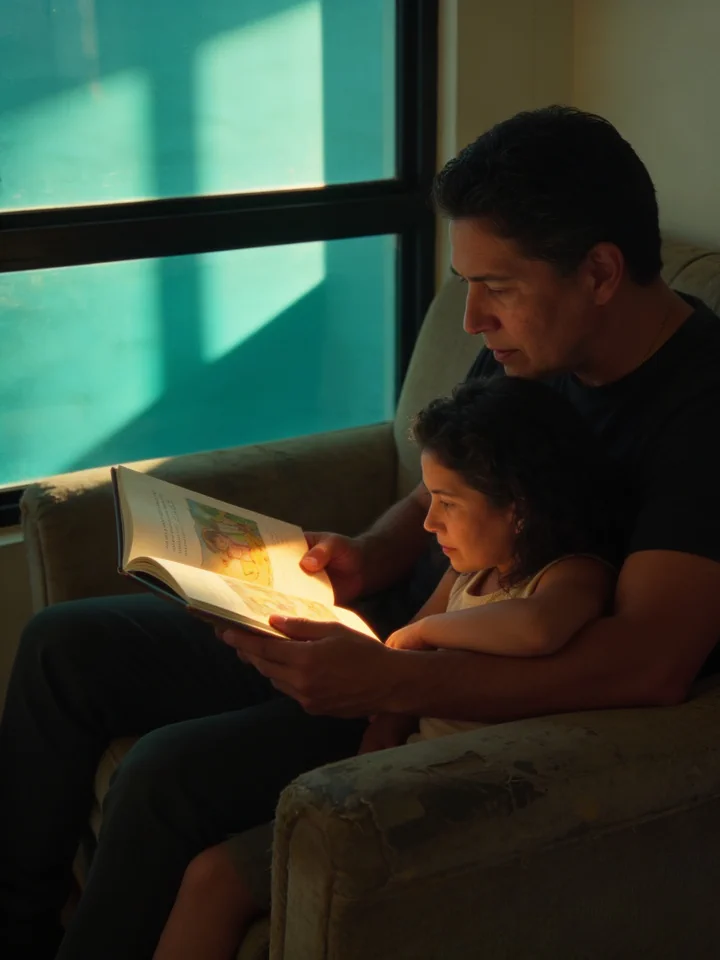 Un padre lee un cuento ilustrado en el sofá con su hija apoyada en su brazo; la luz de la tarde cae sobre las páginas abiertas.