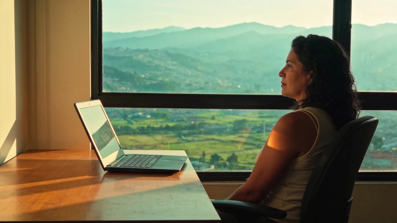 Una mujer aparta la vista de la laptop y mira por la ventana un valle verde con montañas al fondo, a última hora de la tarde.