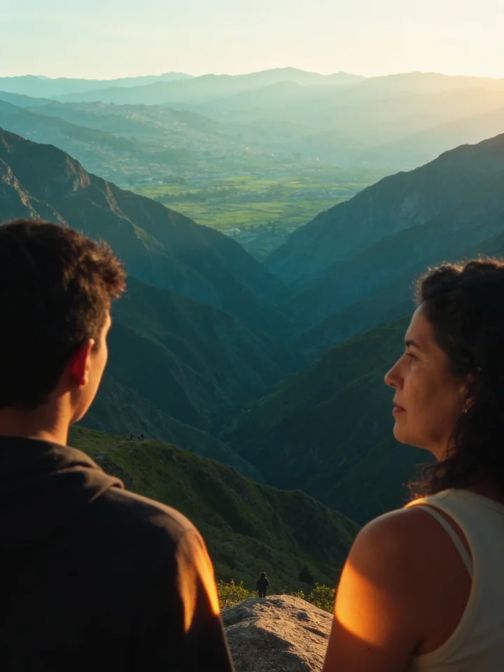 Dos jóvenes de espaldas en un mirador de montaña miran un valle enorme que se pierde en capas de montañas azuladas.